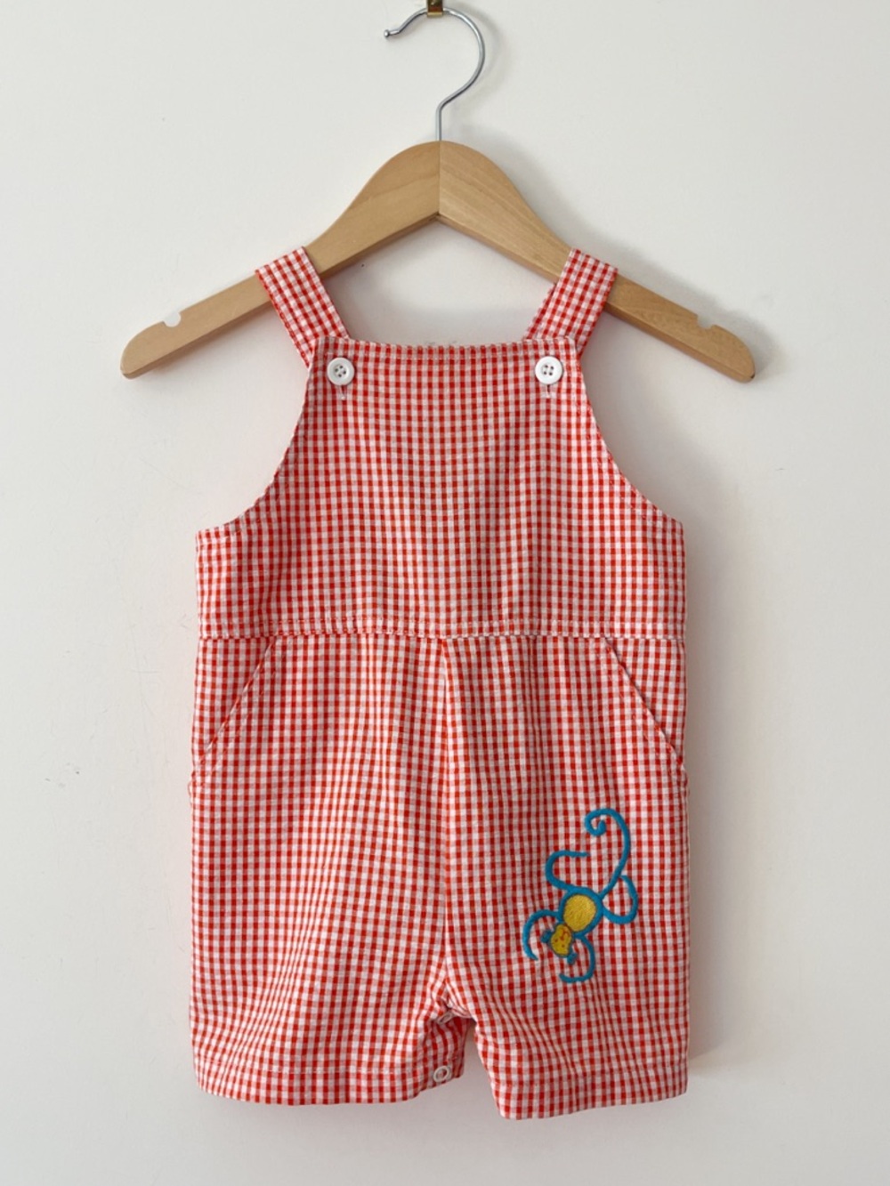 KELLYA KIDS EUC Boys Seersucker Gingham Embroidered Monkey Summer Shortall